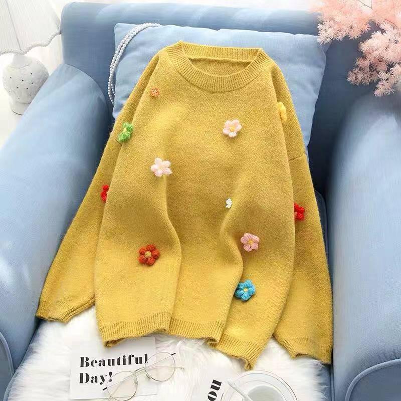 Pofulove Fashion Sweater Girl Pullover Autumn and Winter Korean Small Flower Loose Wild Sweater