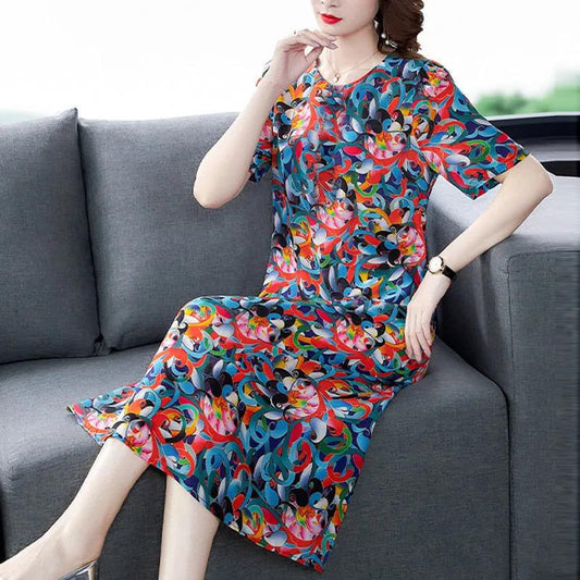 Women's Summer Short-sleeved Mid-length Skirt Floral Round Neck Large Size Loose Dress
