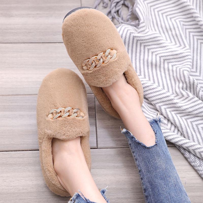 Winter Fluffy Women Shoes Fashion Chain Warm Fur Flat Shoes Woman Indoor Sliders Causal Home Lady Shoes Thick Plush Soft Warm Cotton Slippers Cute
