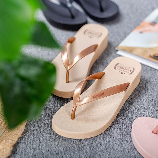 Beach Shoes Sandals and Slippers Women's Summer Wear Seaside Non-slip Thick-soled Wedges with Flip Flops Sandals Simple