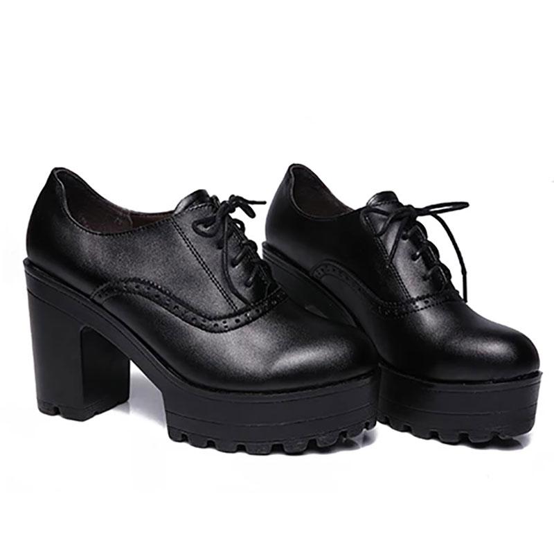 Women's 10cm High Heels Round Toe Thick-heeled Leather Shoes British Style Black Thick-soled Waterproof Platform Deep-mouth Shoes Model Shoes