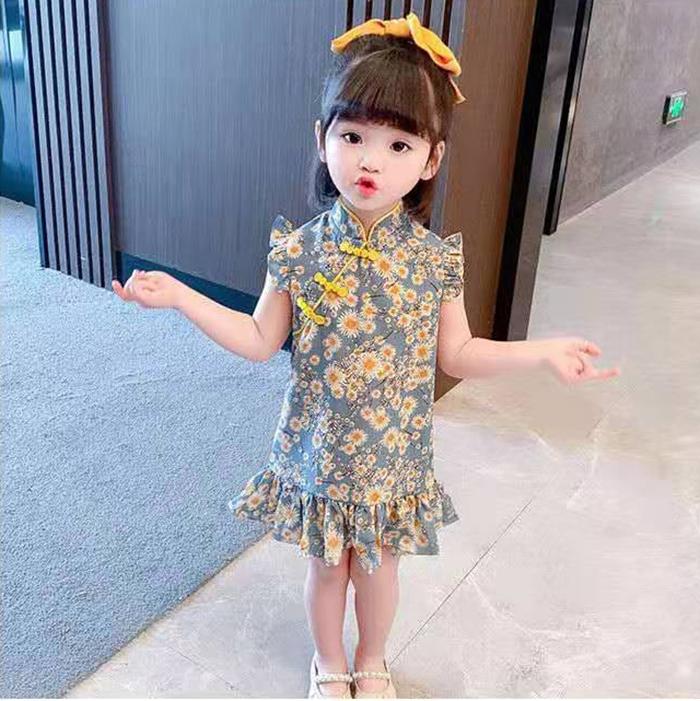 Children Dress Spring Summer Broken Flower Kids Clothing  Baby Girls Clothing Sleeveless Cheongsam Dress Girl
