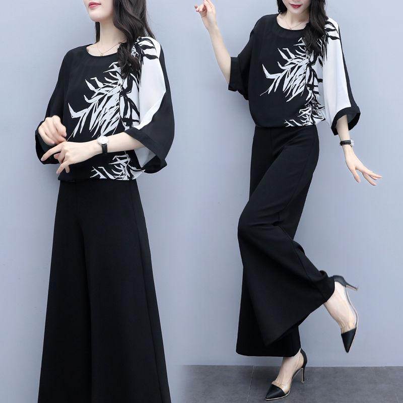 Women's Black Two-piece Wide-leg Trousers Printed Belly Slimming Shirt Casual Suit Women's Plus Size Temperament Casual Loose Suit