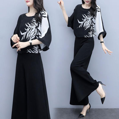 Women's Black Two-piece Wide-leg Trousers Printed Belly Slimming Shirt Casual Suit Women's Plus Size Temperament Casual Loose Suit