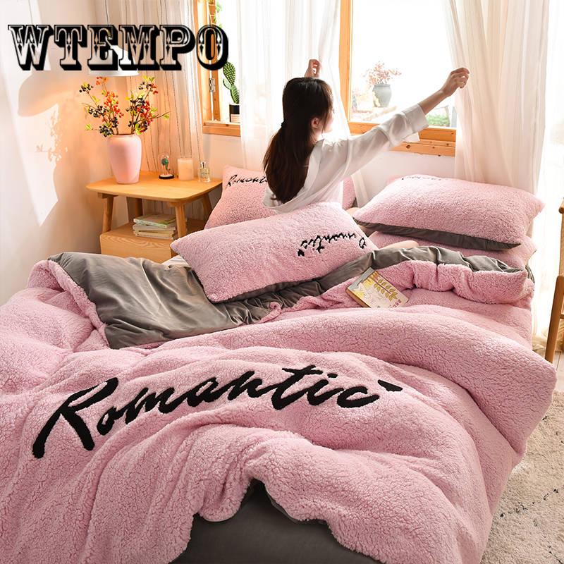 4pcs  Home Textile Bedding Set Queen/ King Size Bedlinens Winter Warm Duvet Cover Fleece Letter Pattern  Bedclothes