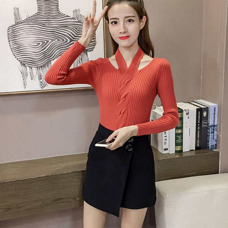 Pofulove sexy V-neck halter slim fit thick base wool sweater female wild sweater