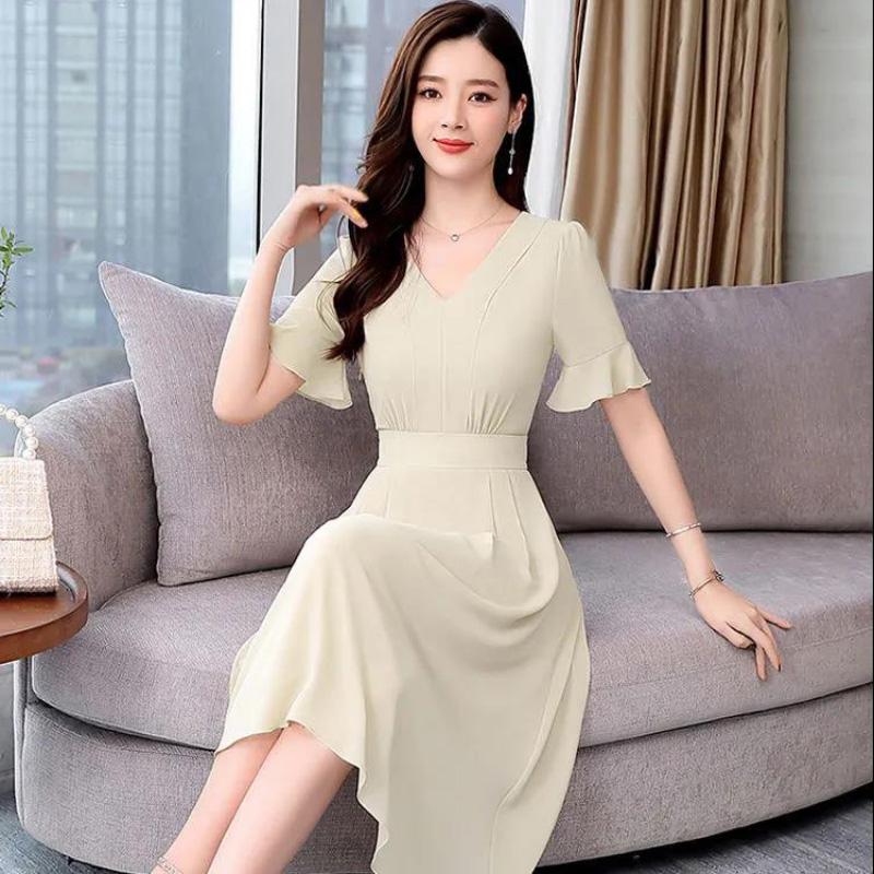 Casual Women's Chiffon Elegant Retro Trend Short Sleeve Spring Summer Mid Length Dress Solid Dress