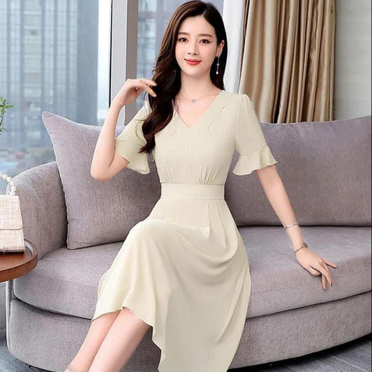Casual Women's Chiffon Elegant Retro Trend Short Sleeve Spring Summer Mid Length Dress Solid Dress