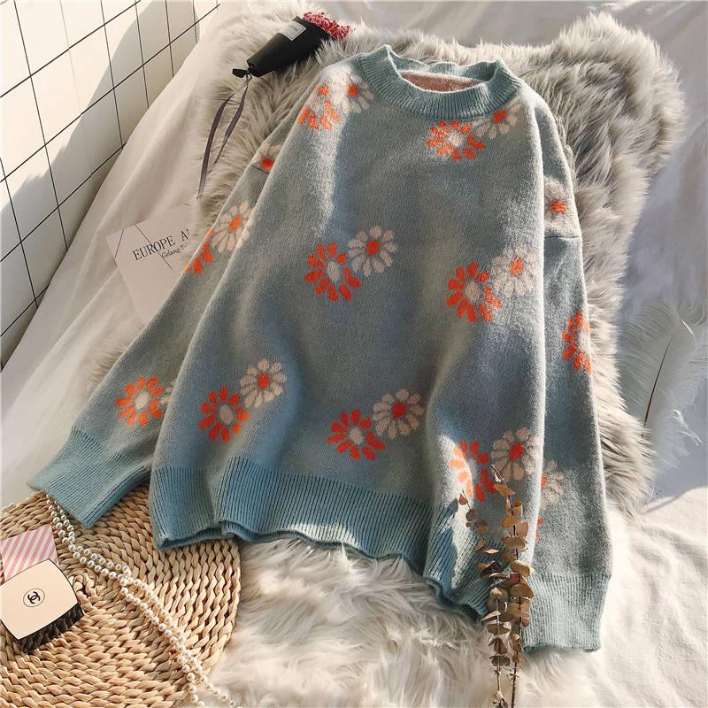 Style Flower Knit Cardigans Sweater Women O-Neck Loose Elegaht Thicked Pull Femme Print Short Casual Pullover Autumn Winter Women Knitted Sweater