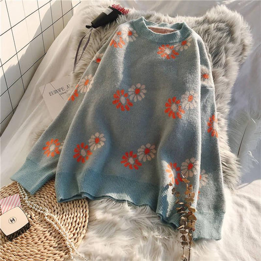 Autumn and Winter Loose Flower Jacquard Sweater Women's Pullover Round Neck Sweater
