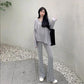 2PCS Women's Autumn Split Mid-Length Suit Casual Wide Long Sleeve Casual Sports Suit Loose Long Sleeve + High Waist Wide Leg Pants Two Piece Suit