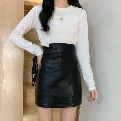 Women's Sexy Leather Skirt Glossy PU leather short Solid zipper Split A-line Skirts