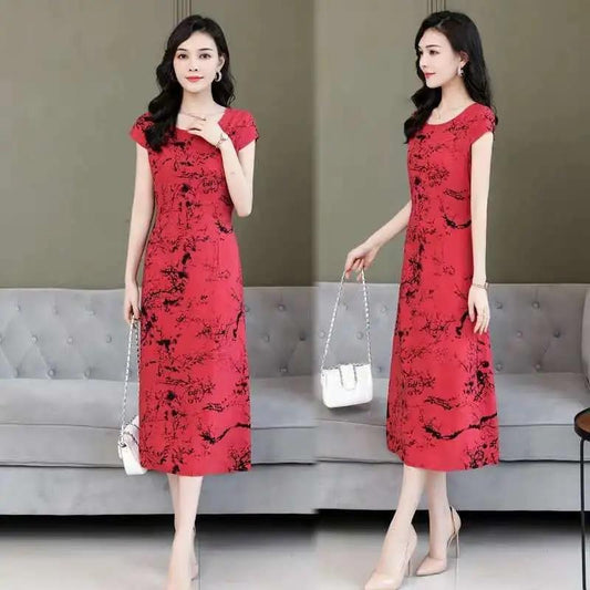 Women's Floral Round Neck Summer Short Sleeve Midi Dress  Large Loose Dress