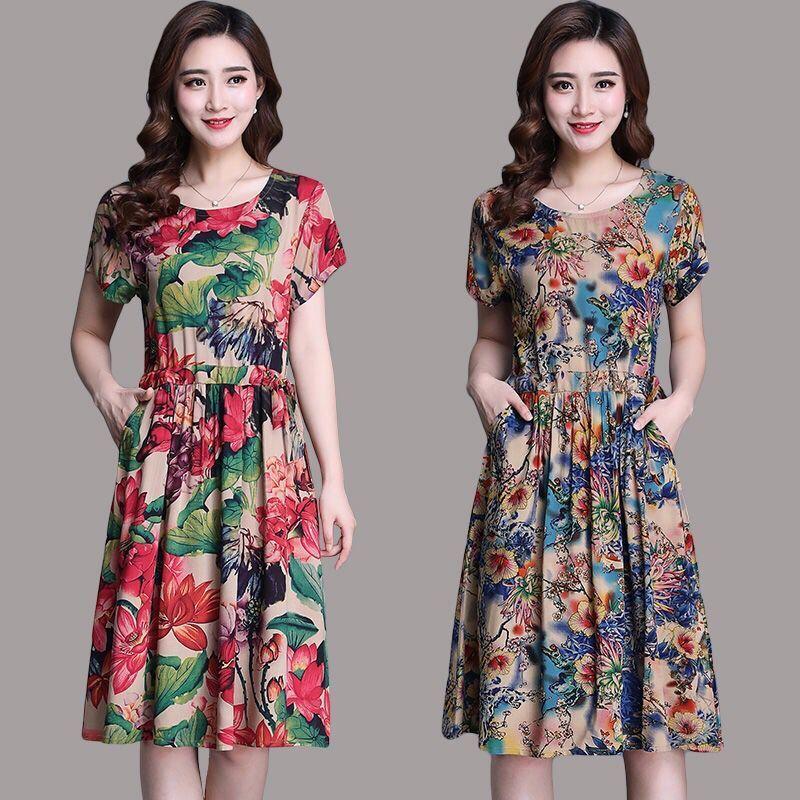 L-XXXXL Plus Size Women Summer Retro Mid-length Printed Over-the-knee Dress Short Sleeve Elastic Waist A-line Skirt