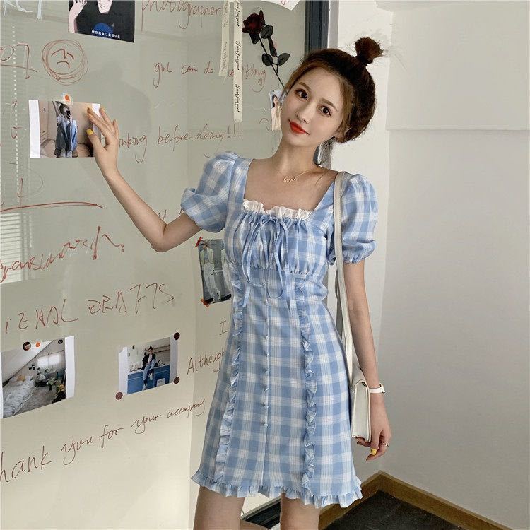 Female Spring and Summer Simple and Gentle Waist Close Show Thin Bubble Sleeve Lattice French Niche Dress
