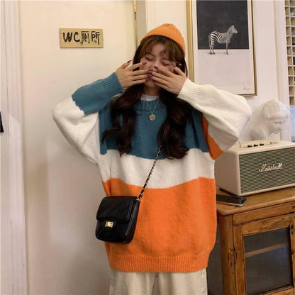 Pofulove Sweater Loose Autumn Winter Korean Lazy Color Matching Striped Round Neck Pullover
