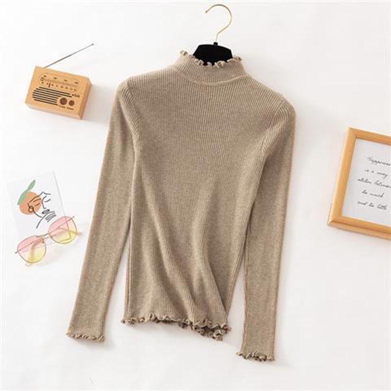 Autumn Winter New Style Half High Neck Knit Sweater with Wooden Ears Long-sleeved Pullover Slim-fit Lace-neck Sweater Women's Bottoming Shirt