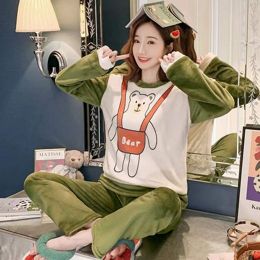 Coral Fleece Pajamas Set Cartoon Round Neck Thickened Flannel Home Wear Long Sleeves Warm Sleeping Suit Two-piece Set