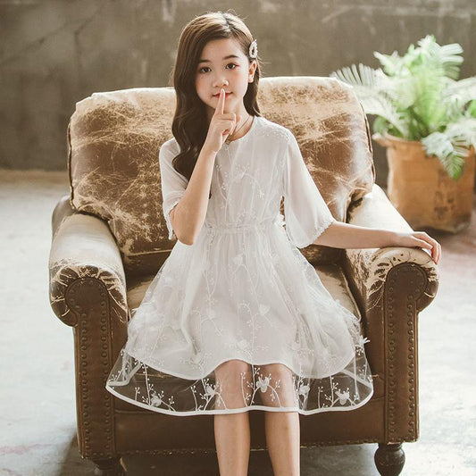 Girls' Dress 5-sleeve Summer Korean Style Version Children's A-line Princess Skirt Children's Mesh Skirt