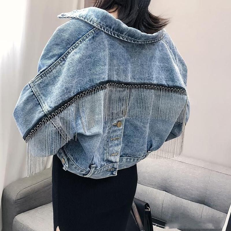 Tassel Denim Jacket Women's Spring and Autumn Split Loose Bat-sleeved Short Jacket Casual Loose Long-sleeved Regular Style