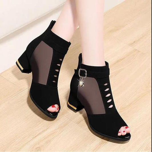 Black Thick-heeled Mesh Sandals Women's Middle-heeled Spring and Summer Breathable Mesh Shoes Fish Mouth Roman Shoes High Heels