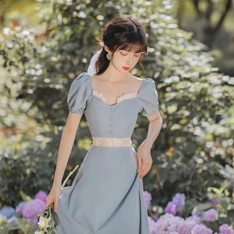 Women's Summer Puff Sleeve Dress Square Neck Thin Solid Color A-Line Skirt