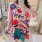 Painted Graffiti Women Dress Girl Loose O-Neck Casual Long T-shirt Dress Big Loose Home Outer