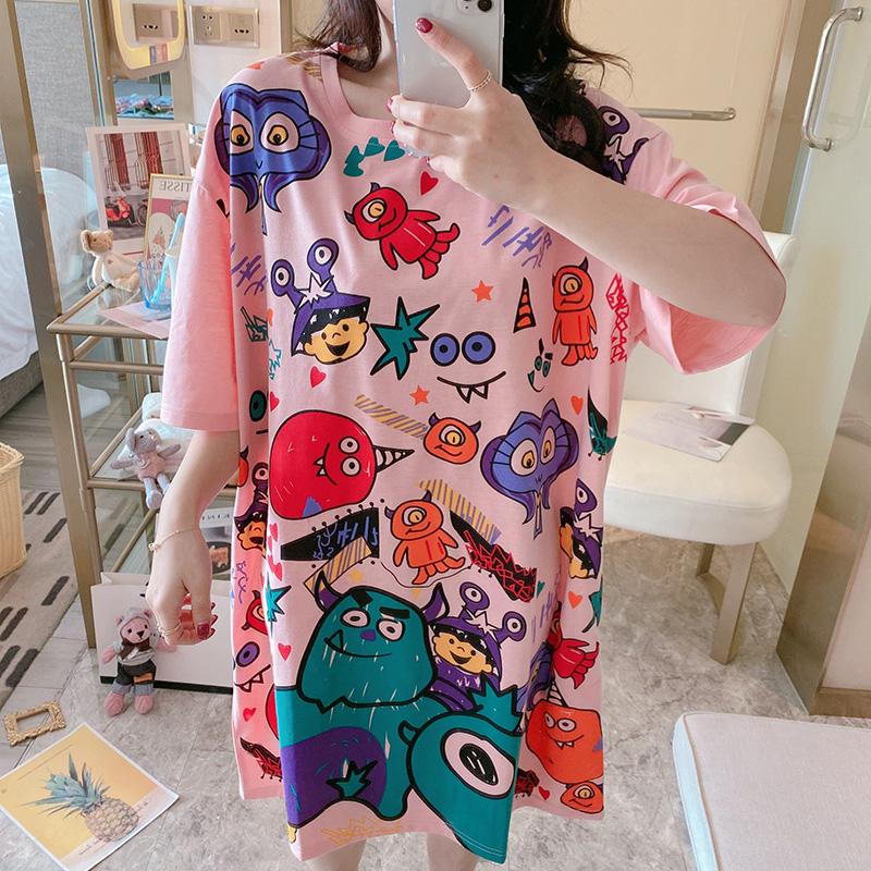 Painted Graffiti Women Dress Girl Loose O-Neck Casual Long T-shirt Dress Big Loose Home Outer