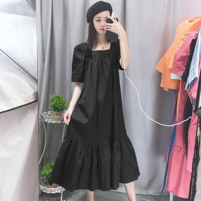 Square Collar Dress Female Summer Retro Puff Sleeve Temperament Was Thin Loose Mid-length Skirt Retro Princess Style Dress