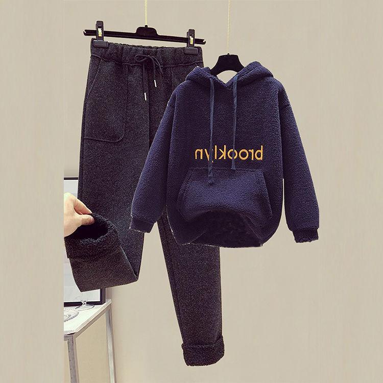 2pcs/set  Autumn Winter Fleece Hoodies Vintage Sweatshirt Two Piece Set Woman Tracksuits Jogger Pants Thick Warm Clothes