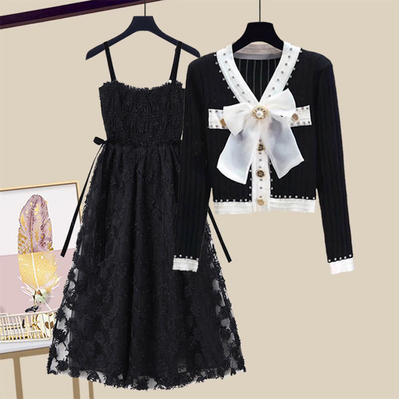 Women's Spring Suit Temperament French Waist Slimming Bow Sweater Dress Two-piece Set