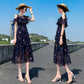 Pofulove XS-2XL Women O-neck Off Shoulder Print Chiffon Dress Slim Short-sleeved Long A-line Dress
