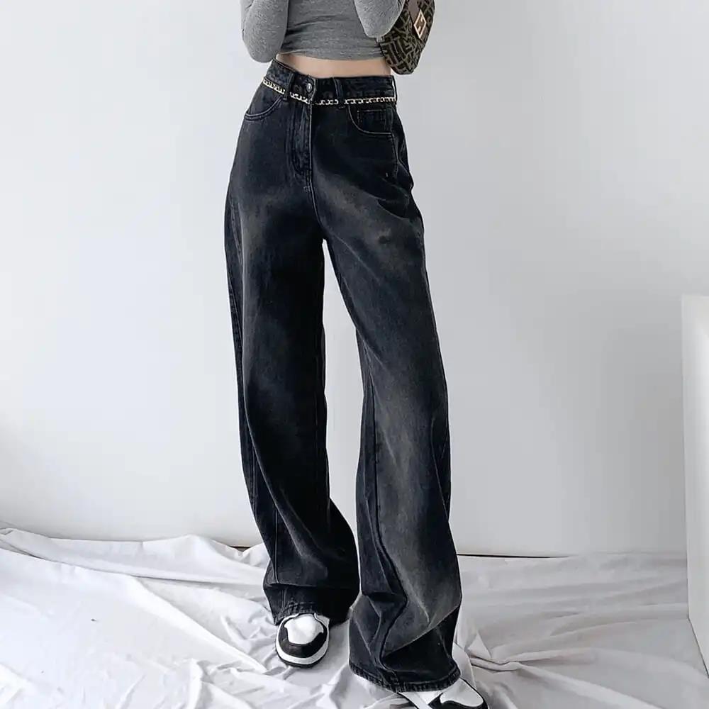 Black Spring and Autumn High Waist Loose Straight Wide Leg Mopping Pants Jeans Women's 2022 New Design Sense Niche