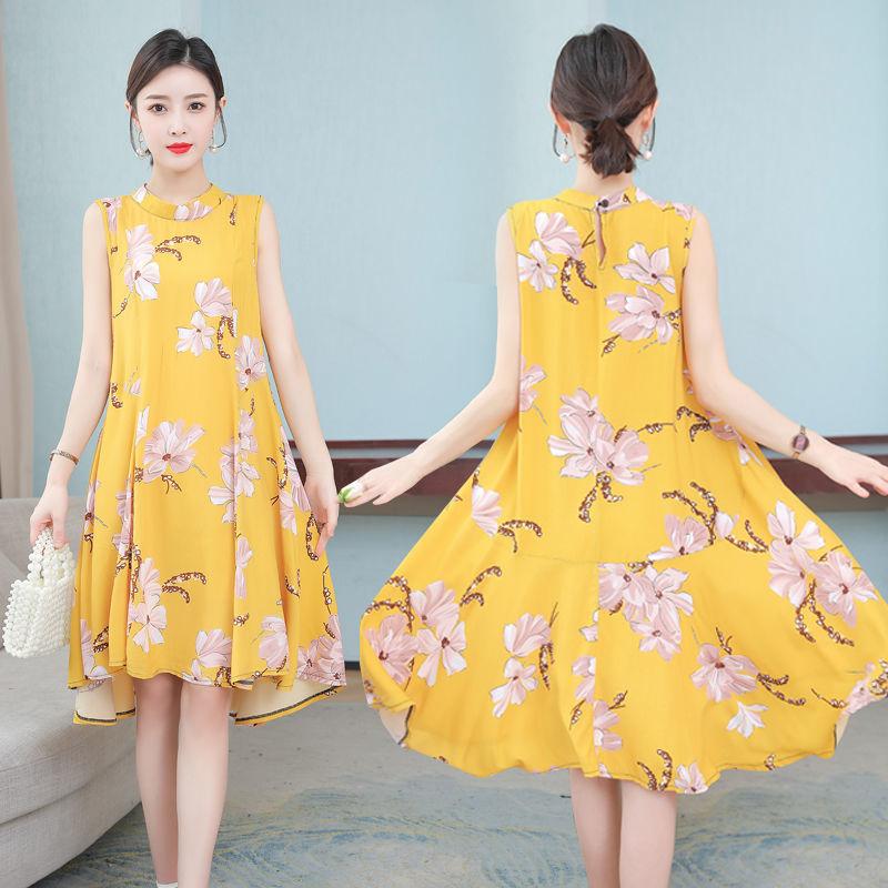 Women Cotton Silk Dress Summer Mother Sleeveless Mid-length Loose Large Home Night Skirt Beach Skirt