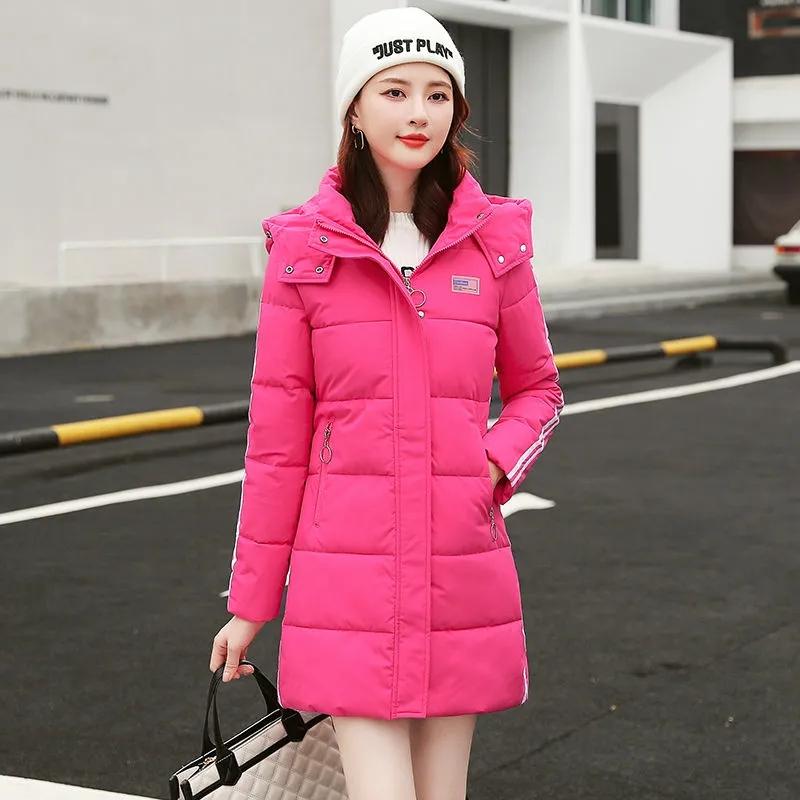 Women Winter Thickening Coats Hooded Jackets Stripes Plus Size Warm Mid-length Slim Padded Jacket Medium Long Bright Color Girls Student Coat