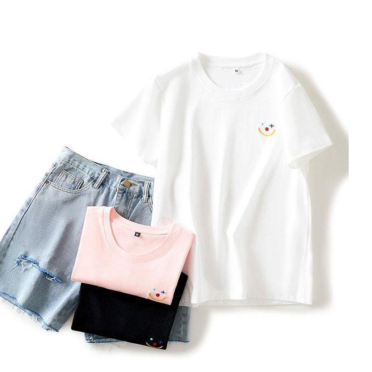 Pure Color Smiley Face Embroidery Polyester Women's Summer Round Collar  Tees Breathable Half-sleeved Harajuku All-match Cartoons Style T Shirt Tops