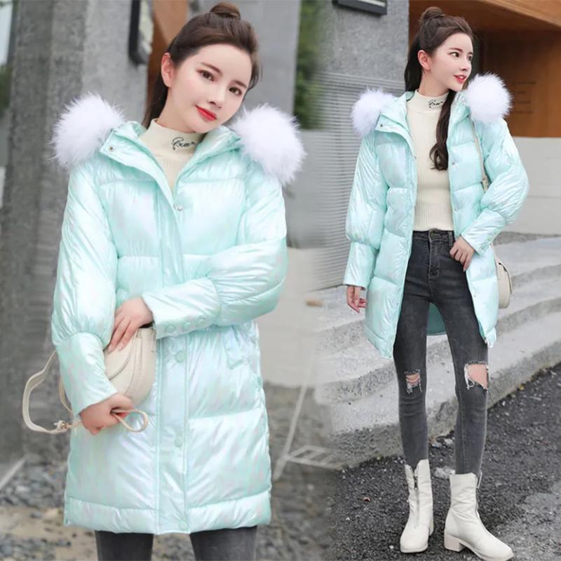 Women's Bright Face Hooded Down Jacket Mid-length Korean Loose Thick Coat Warm Cotton Coat Large Wool Collar Winter Quilted Coat