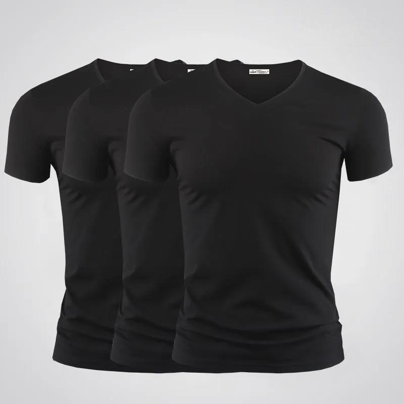 3pcs Modal T-shirt Slim Shirt Solid Color Casual Thin Tees V-Neck Short Sleeve Ice Silk Cool Pullover Men Clothing Summer