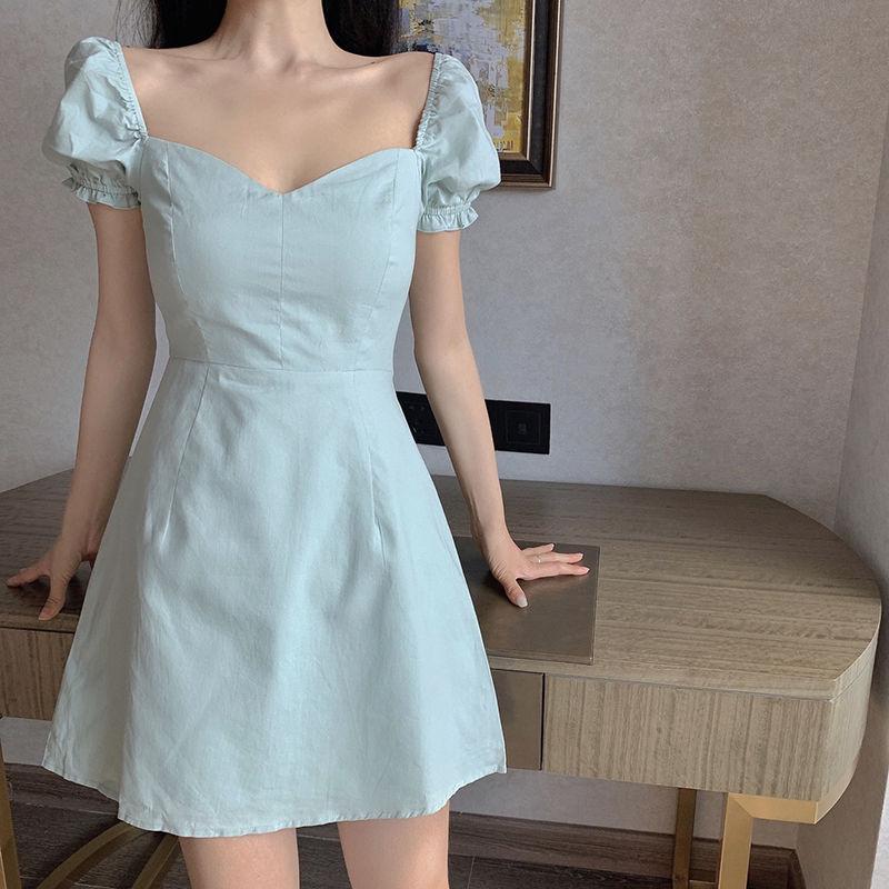Mint Green French Square Collar Simple Waist Waist Thin Elegant Puff Sleeve A-line Dress Dress Women
