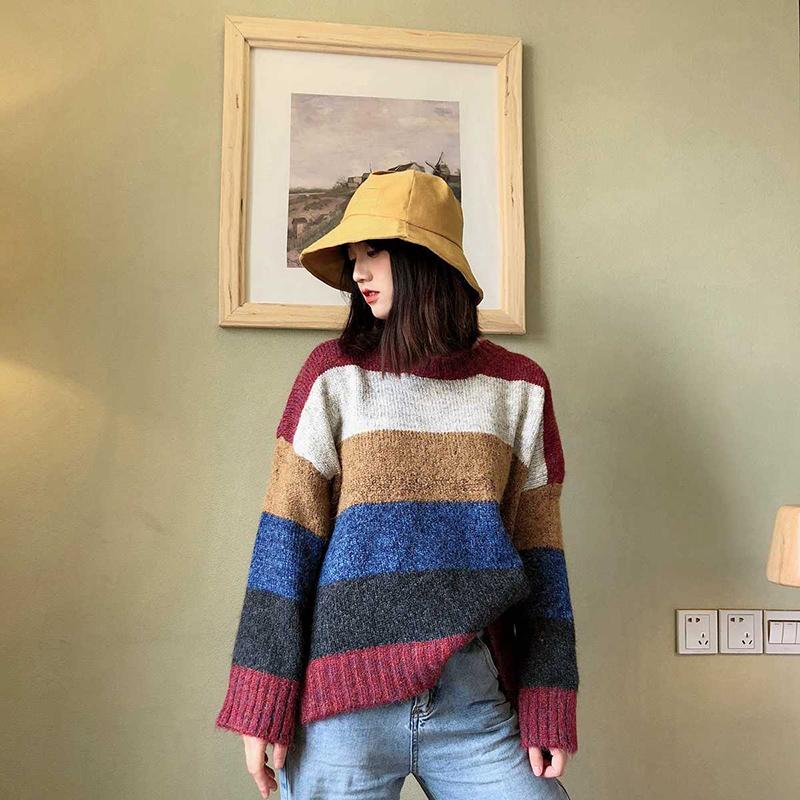 Women's Autumn  Winter Long-sleeved Hedging Striped Color-blocking Sweater All-match Casual Fashion Sweater