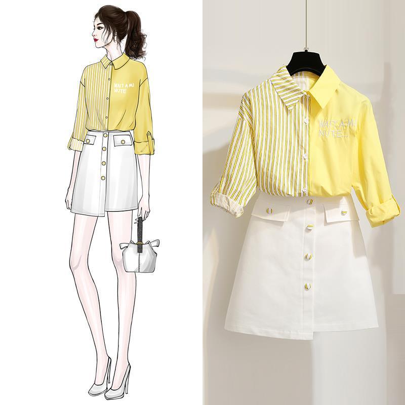Pofulove Women Summer Shirt 2-piece Set long sleeve striped shirt Asymmetrical Skirt 2 piece Sets