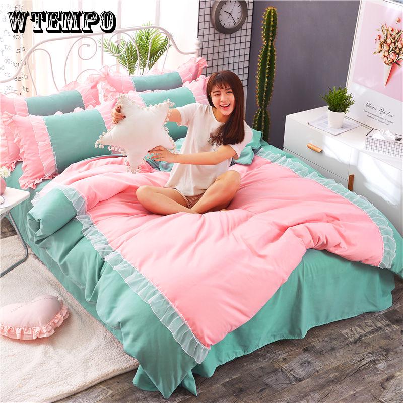WTEMPO White Pink Lace Bedding Set Bedspread Beautiful Princess Style Kid Girls Twin Full Queen