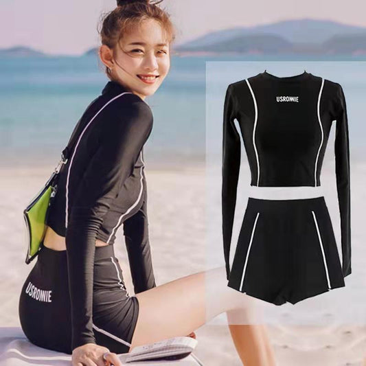 Solid Split Swimsuit Women Casual Long Sleeve Sunscreen Keep Bikinis Sexy High Waist Bodycon Bathing Spring Beach Swimwear