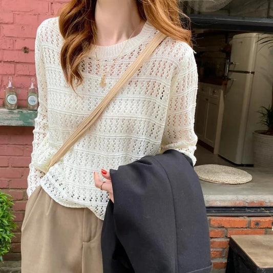 Hollow Knit Sweater Women's Thin Sweater Summer Dress Long Sleeve Loose Jacket Chic Short Top