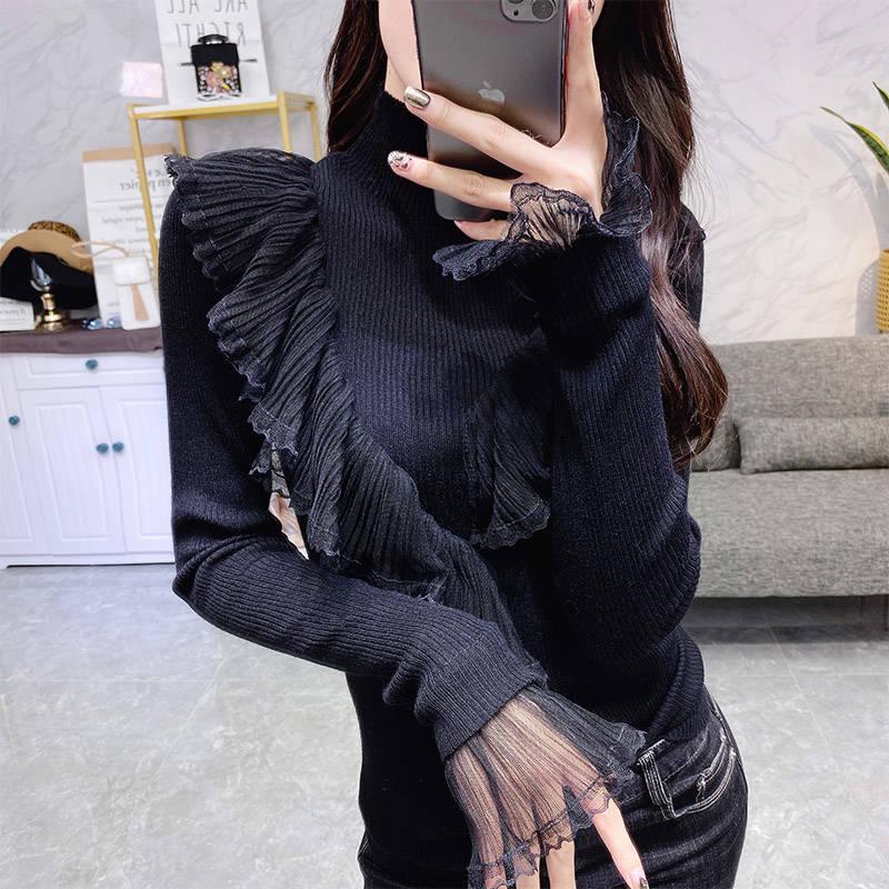 Women Sexy Lace Ruffles Base Jumper Turtleneck Solid Color Knitwear Slim Bottoming Sweaters