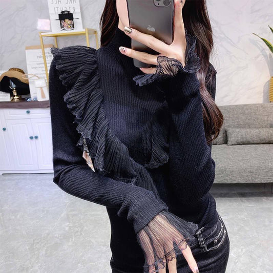Women Sexy Lace Ruffles Base Jumper Turtleneck Solid Color Knitwear Slim Bottoming Sweaters