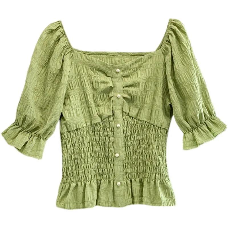One-shoulder Puff Sleeve Shirt Women's Short-sleeved Waist Short Shirt Tops Women's Sweet Sexy Fabrics Comfortable Light and Breathable