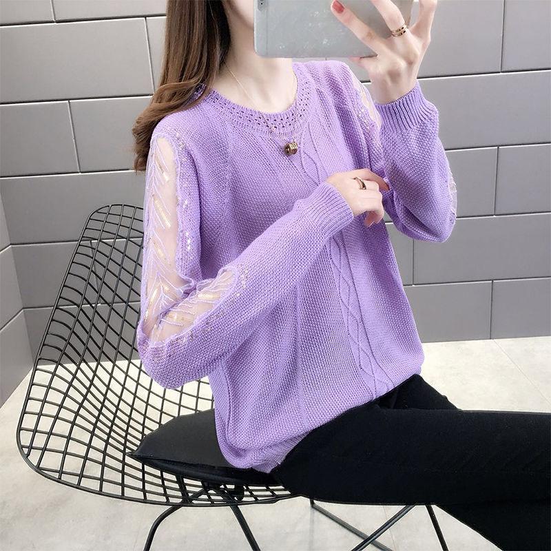 Spring and Autumn Loose Sweater Round Neck Large Size Long-sleeved Top Hollow Youth Female Bottoming Shirt