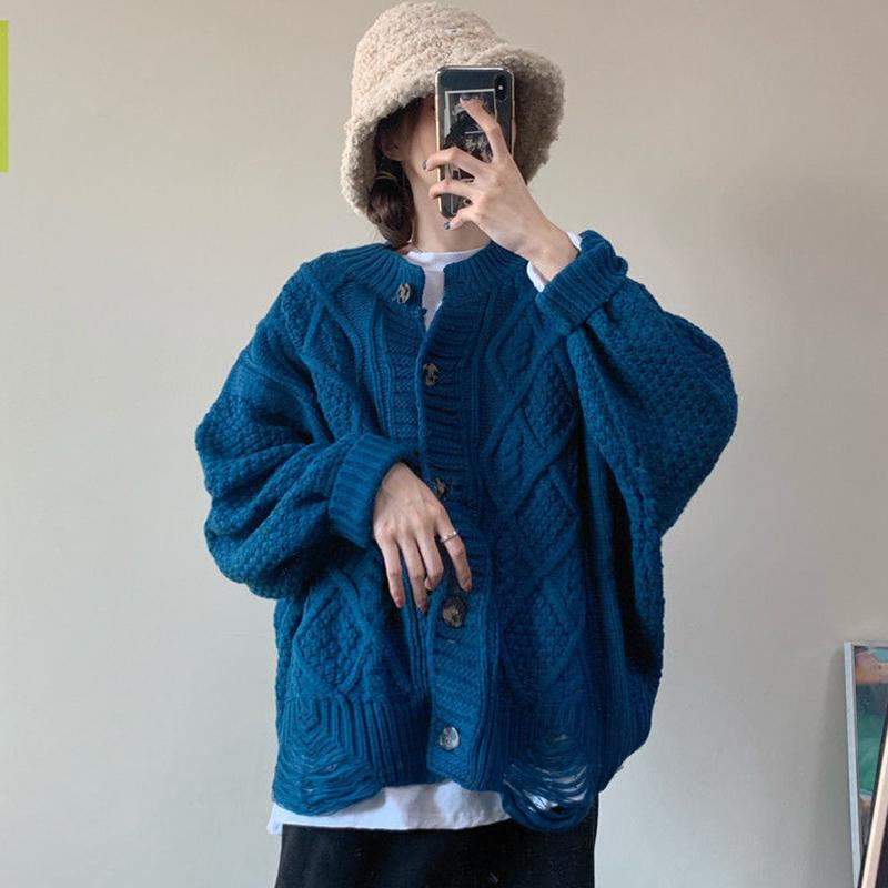 Knitted Jacket Women Autumn Winter Ripped Sweater Women Korean Loose Twist Cardigan Casual Long-sleeved Top