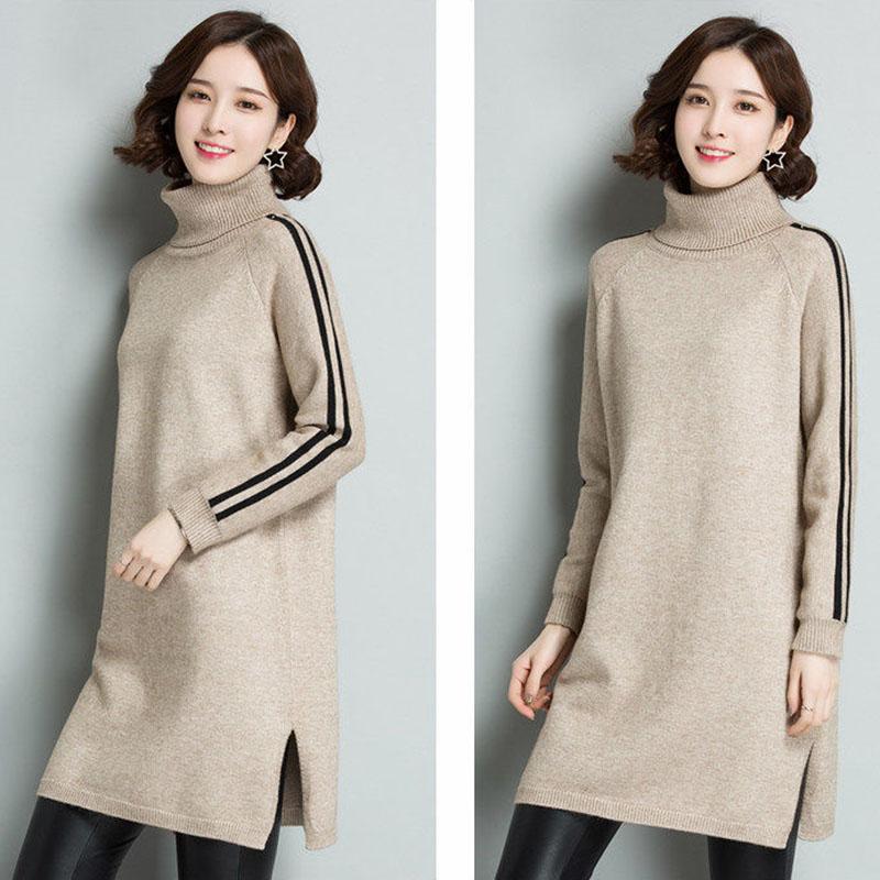 Autumn and Winter Turtleneck Thick Sweater Dress Mid-length Loose Large Size Base Skirt Fashion Simple Women's Sweater Dress